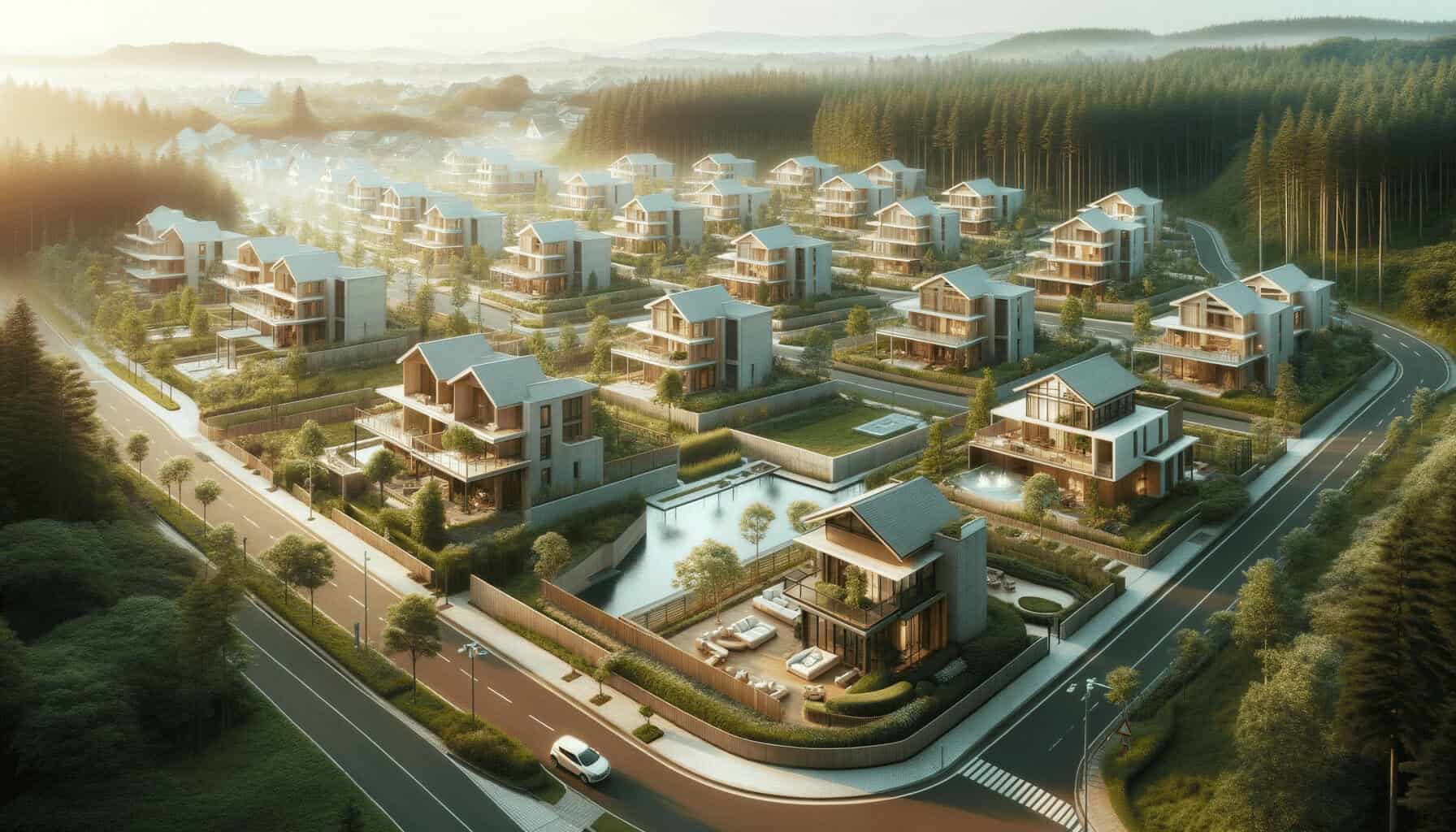 DALL·E 2023 10 16 13.52.59 Photo of a serene residential area with multiple houses built using modern construction techniques surrounded by nature