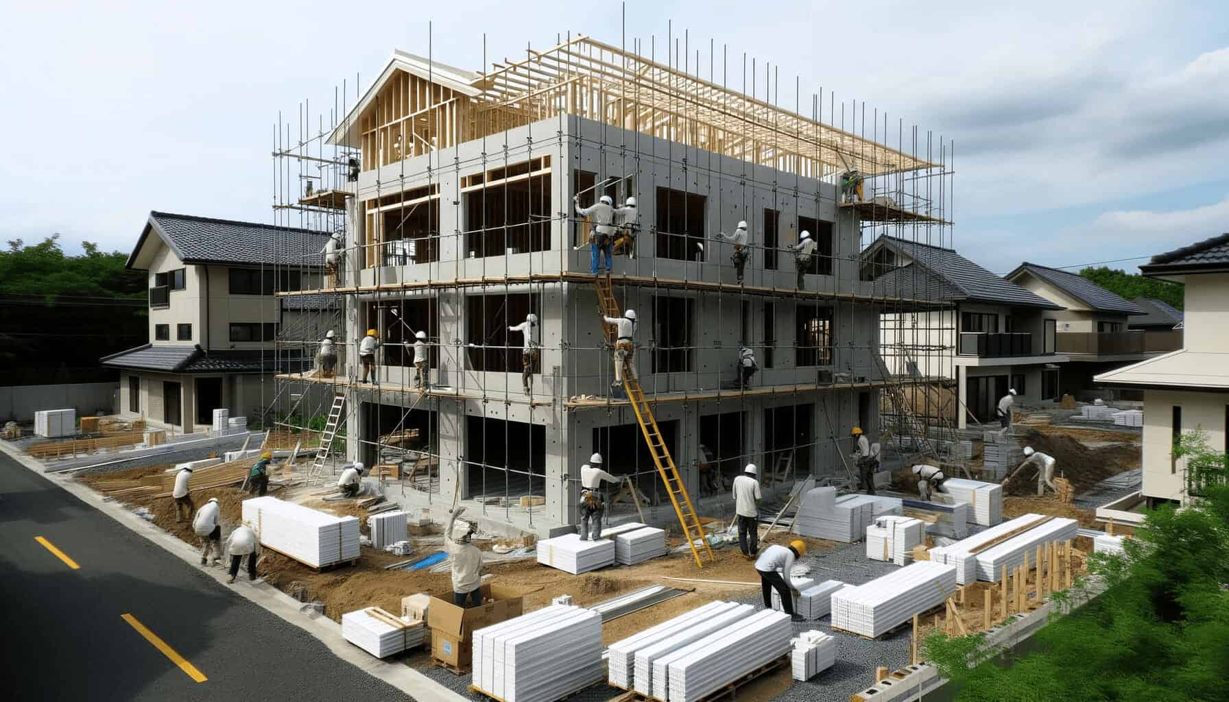 DALL·E 2023 10 16 13.53.12 Photo of a house under construction showcasing the use of IBS panels with workers actively working on the site DALL·E 2023 10 16 13.53.12 Photo of a house under construction showcasing the use of IBS panels with workers actively working on the site
