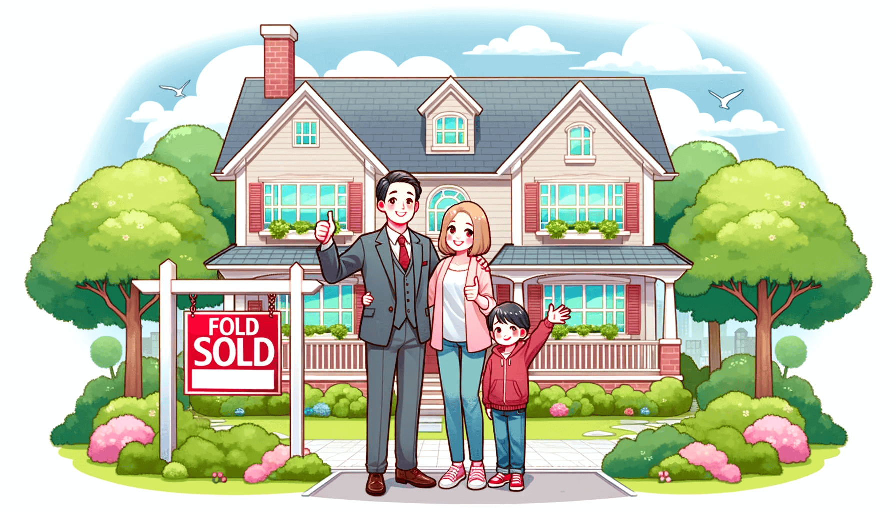 DALL·E 2023 10 16 16.54.22 Illustration of a family standing in front of their new dream house with a sold sign DALL·E 2023 10 16 16.54.22 Illustration of a family standing in front of their new dream house with a sold sign