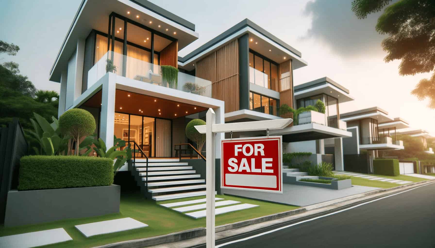 DALL·E 2023 10 16 17.15.33 Photo of a modern home exterior with a for sale sign indicating a potential home buyers journey to secure a housing loan